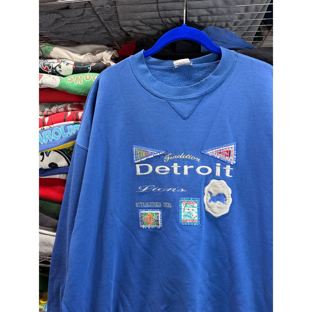 Vintage Detroit Lions Crable Sportswear Sweatshirt Blue XL Made in USA Patch